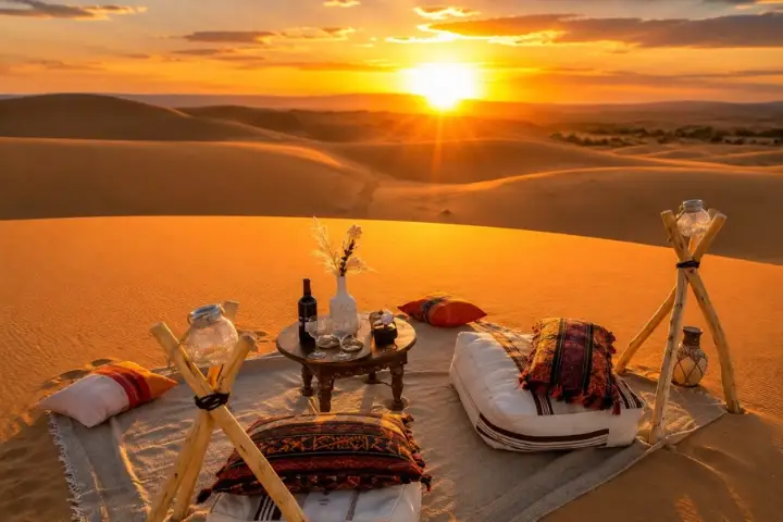 Sunset dinner table at a desert camp in Erg Chebbi