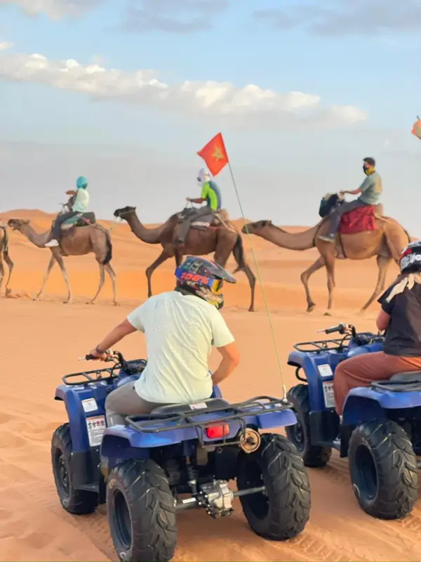 Quads riding beside a camel caravan